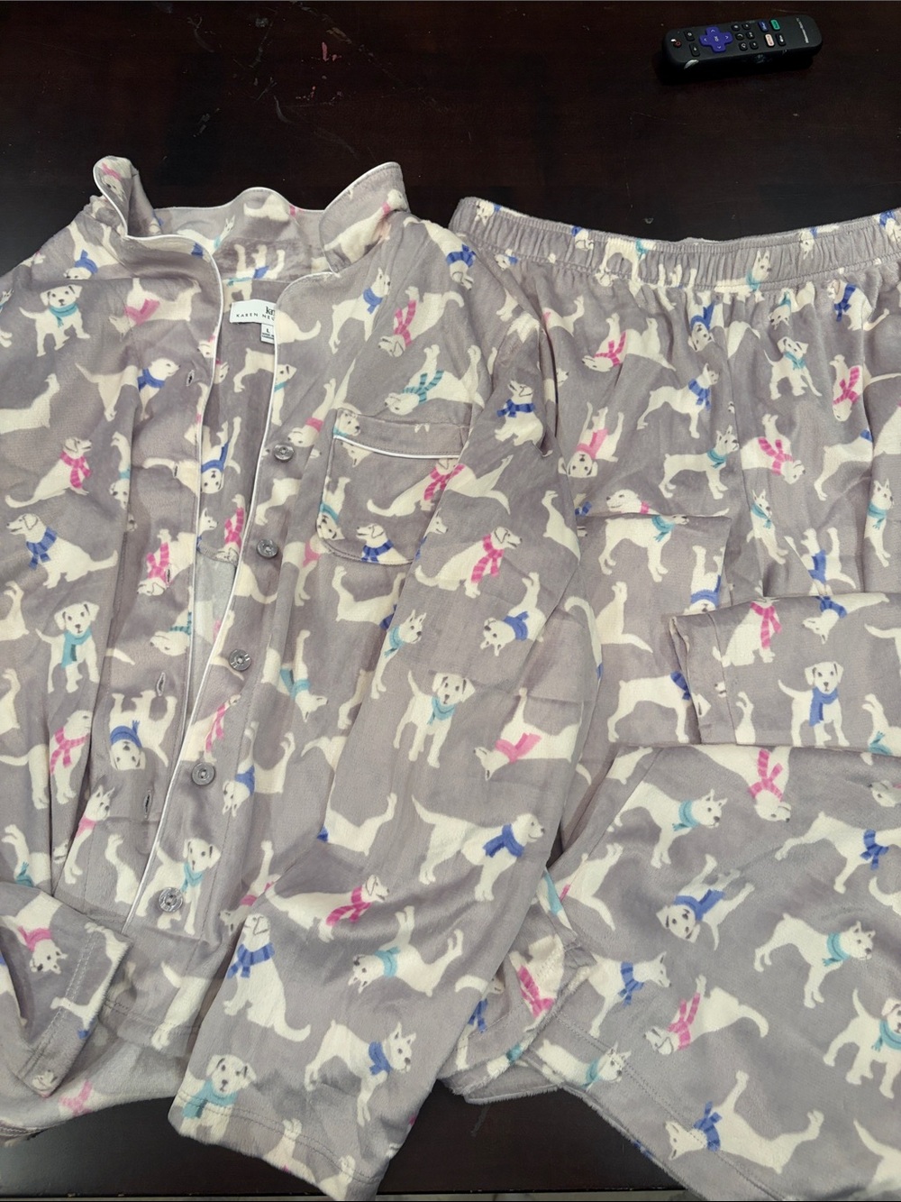 Karen Neuburger Gray Dog-Print Pajama Set with Pink & Blue Accents